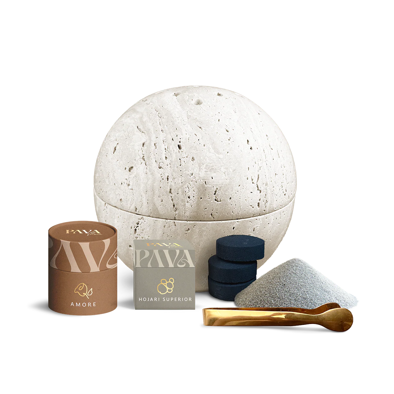 Sphera Maxi Räucherset beige – Travertin-Räucherkugel mit Räuchermischung und Zubehör von PAVA FUMA
