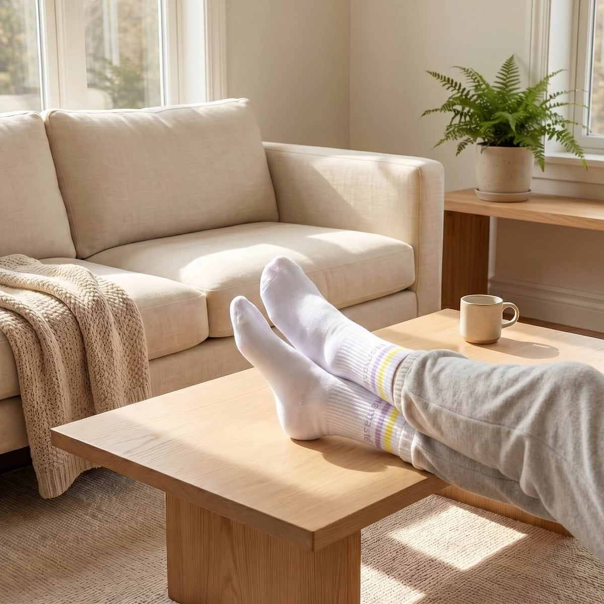 Füße in weißen Yoga-Socken auf dem Couchtisch