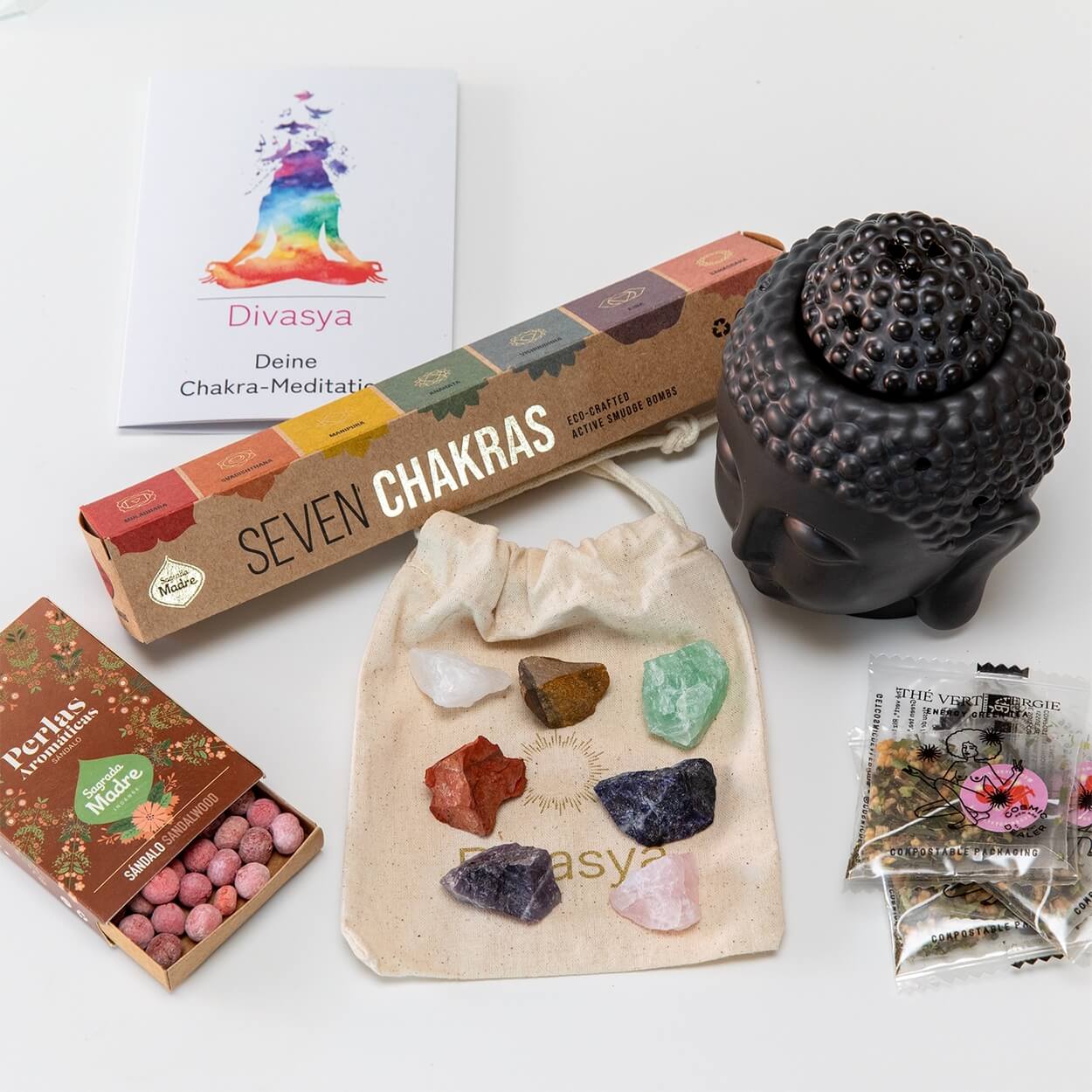 Chakra Meditation Geschenkset | Buddha, Steine & Tee