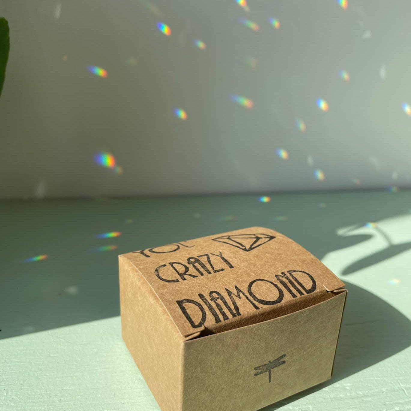 Suncatcher Libelle mit geschliffenem Kristall und Regenbogeneffekten.