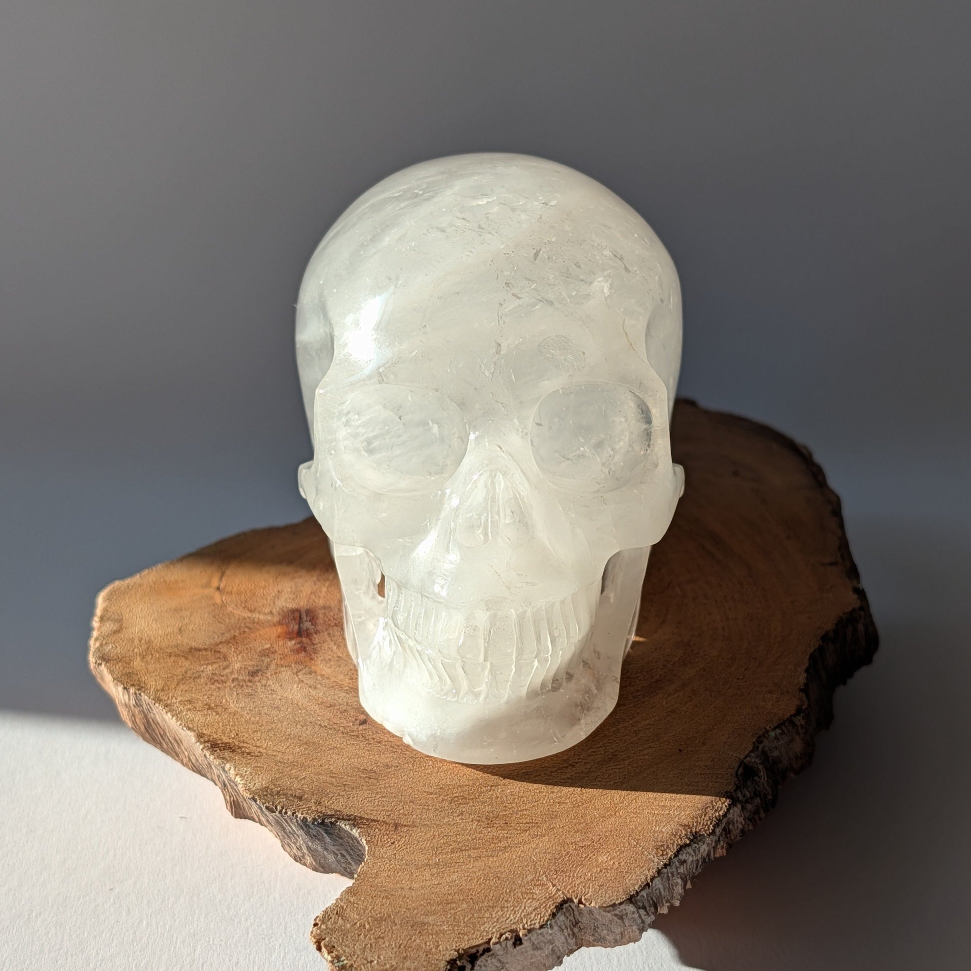 Transparenter großer Kristallschädel Flynn Bergkristall 645g