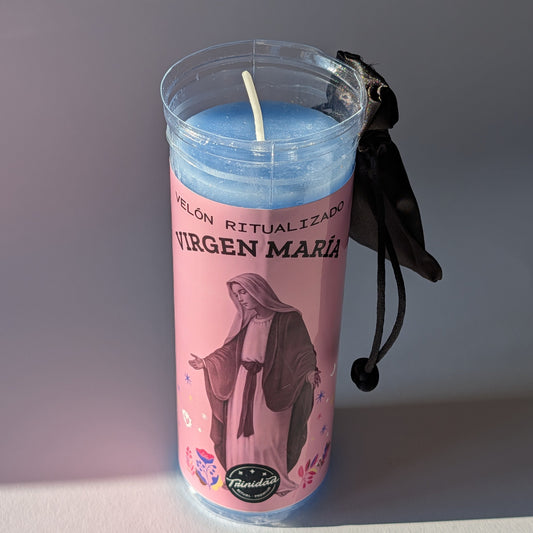 Trinidad Ritualisierte Kerze Jungfrau Maria blau Kunststoffhülle