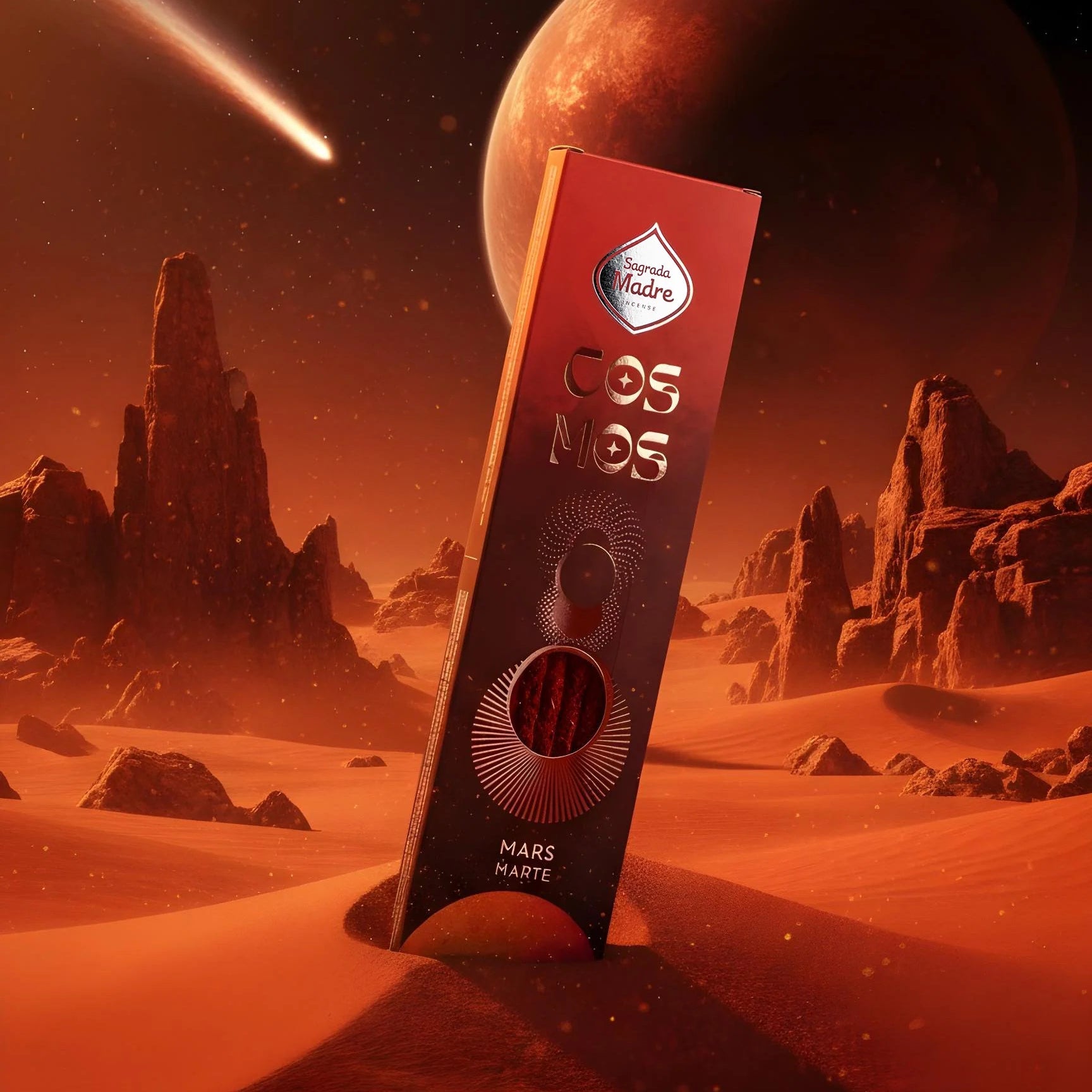 Verpackung der Sagrada Madre Cosmos Räucherstäbchen Mars vor einer roten, kosmischen Marslandschaft.


