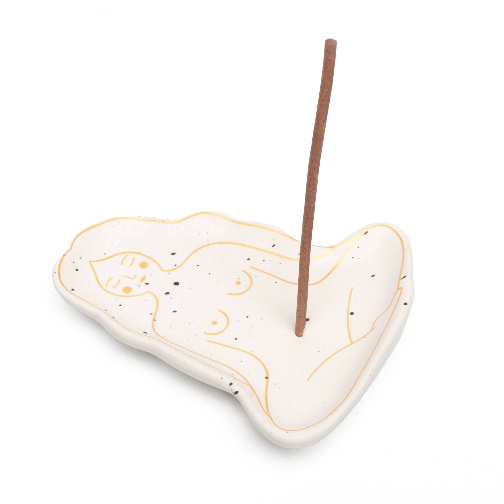 Weißer Räucherhalter in Form eines Frauenkörpers mit goldenen Details, rauchendes Stäbchen, Design von Helio Ferretti