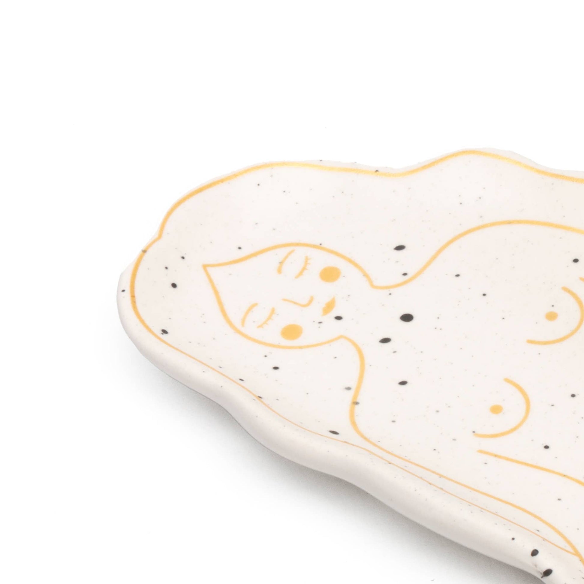 Weißer Räucherhalter in Form eines Frauenkörpers mit goldenen Details, rauchendes Stäbchen, Design von Helio Ferretti