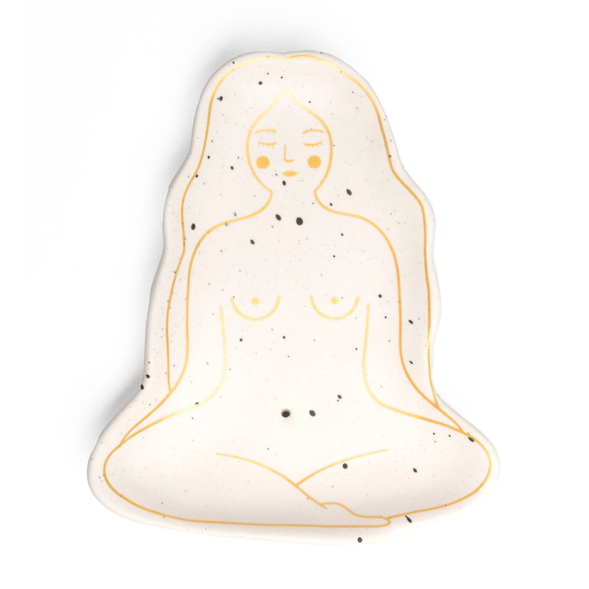 Weißer Räucherhalter in Form eines Frauenkörpers mit goldenen Details, rauchendes Stäbchen, Design von Helio Ferretti