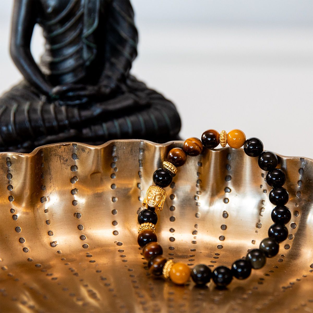 Buddha-Armband Golden Buddha | Obsidian, Tigerauge & Mookait