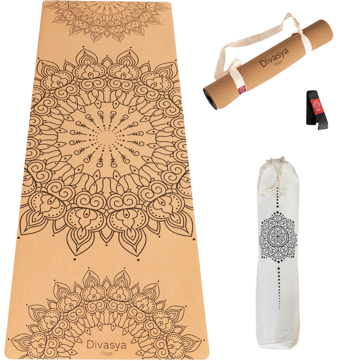 Kork-Yogamatte mit Mandala-Design und Tragegurt im Detail