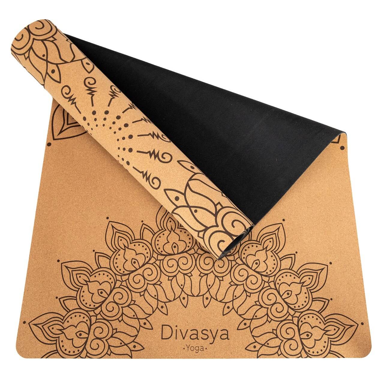 Rutschfeste Kork-Yogamatte mit Mandala und Baumwoll-Tragegurt
