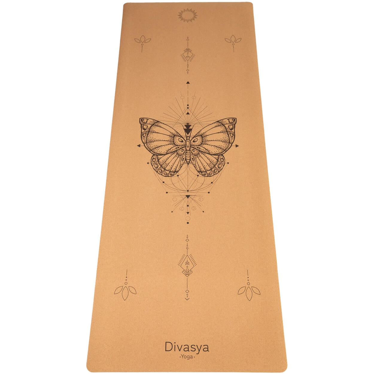 Ausgerollte Kork-Yogamatte mit Mandala-Muster von oben