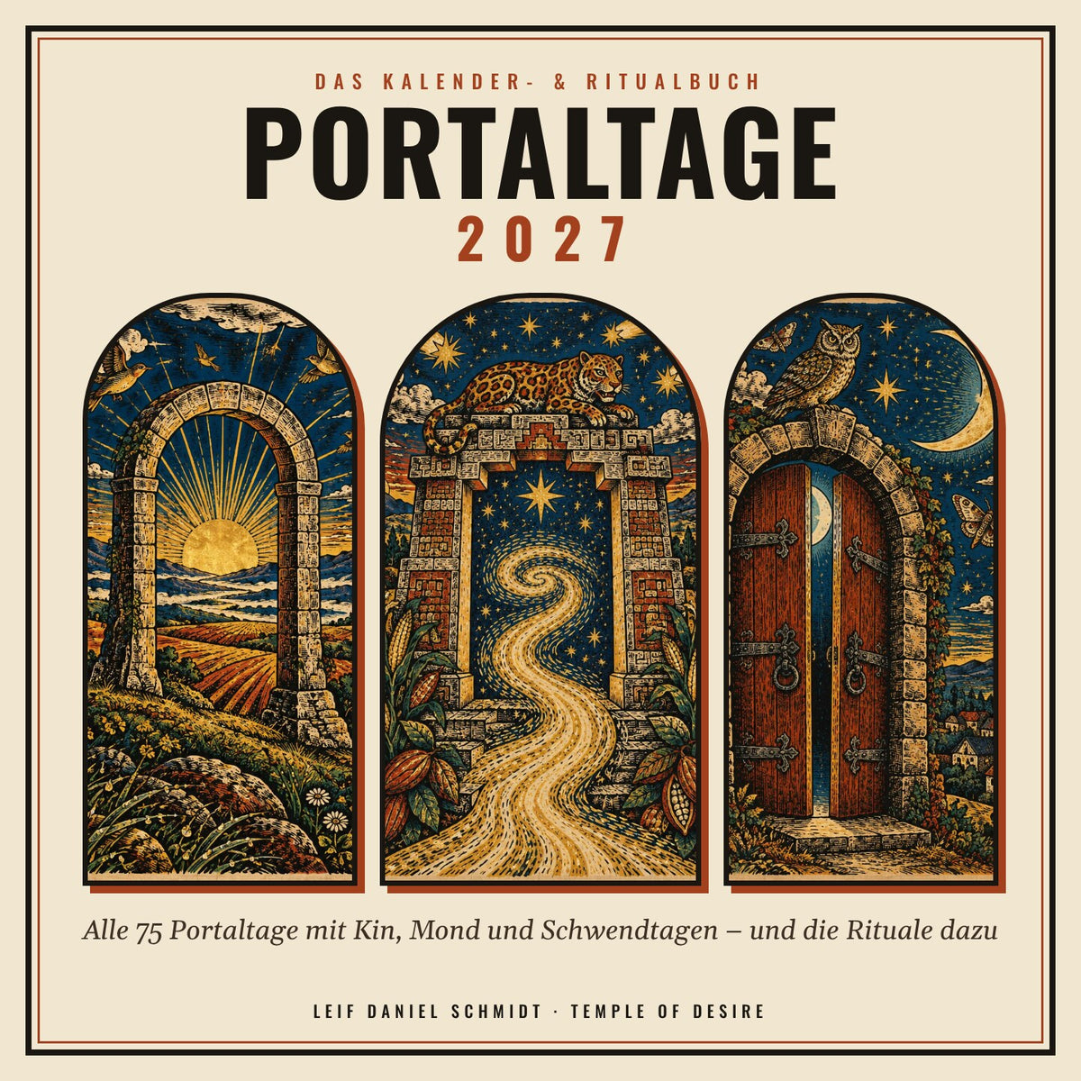 Portaltage 2027 – Das Kalender- & Ritualbuch: Cover mit drei illustrierten Torbögen im Holzschnitt-Stil
