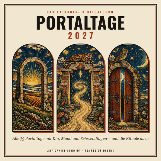 Portaltage 2027 – Das Kalender- & Ritualbuch: Cover mit drei illustrierten Torbögen im Holzschnitt-Stil