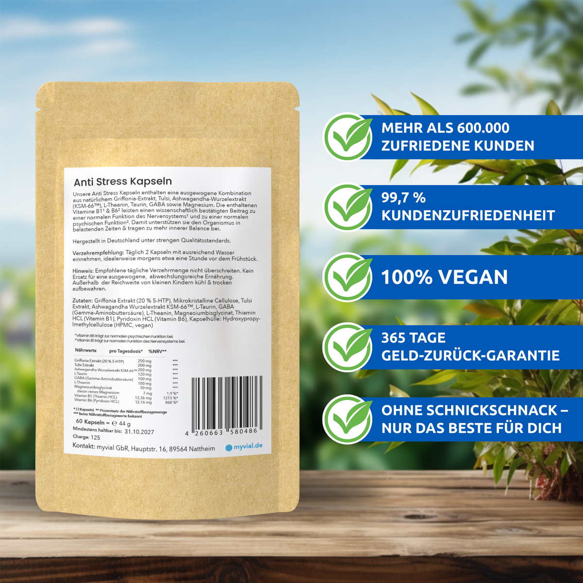 Vegane Anti Stress Kapseln von myvial, Packungsansicht