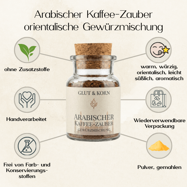 Übersicht zum Arabischen Kaffee-Zauber: ohne Zusatzstoffe, handverarbeitet, wiederverwendbare Verpackung, gemahlen