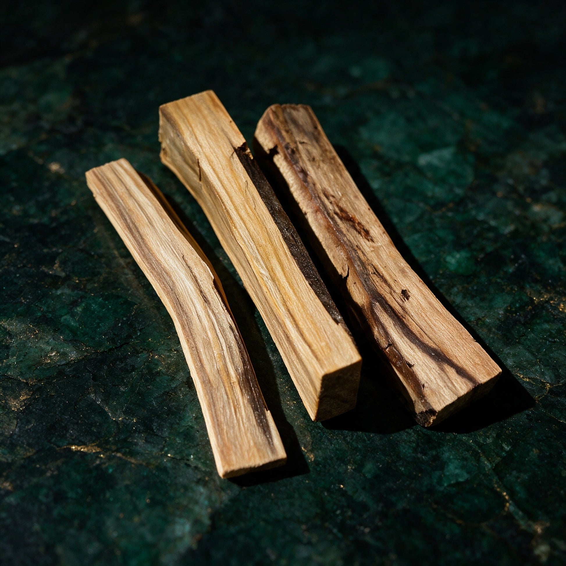 Detailansicht der natürlichen Holzstruktur von drei Palo-Santo-Sticks
