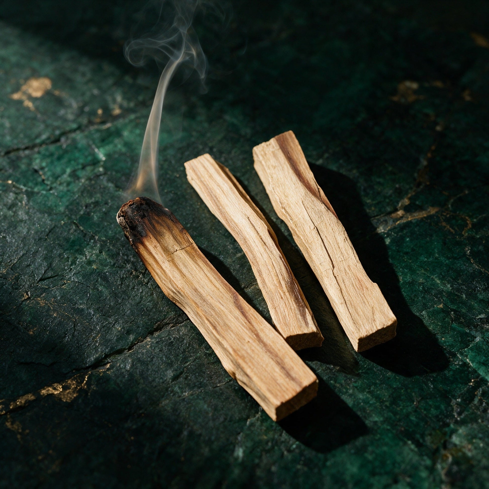 Drei Palo-Santo-Sticks, einer davon glimmend, in einer eleganten Anwendungsszene