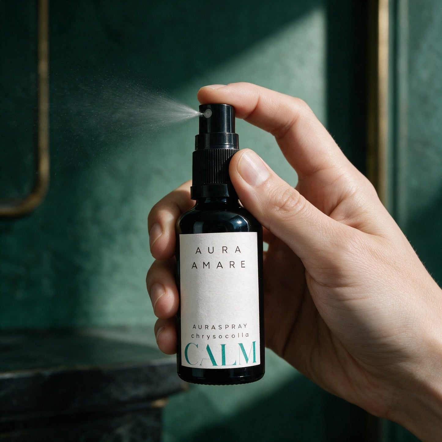 Auraspray CALM von AURA AMARE wird aus der 50-ml-Flasche fein in die Luft gesprüht