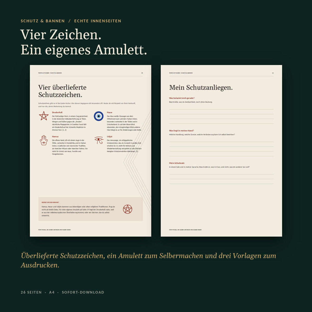 Echte Innenseiten: vier überlieferte Schutzzeichen und Vorlage Mein Schutzanliegen