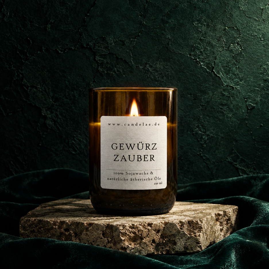 Gewürzzauber Duftkerze von Candelae, Sojawachs im Glas aus einer Weinflasche, ca. 250 ml