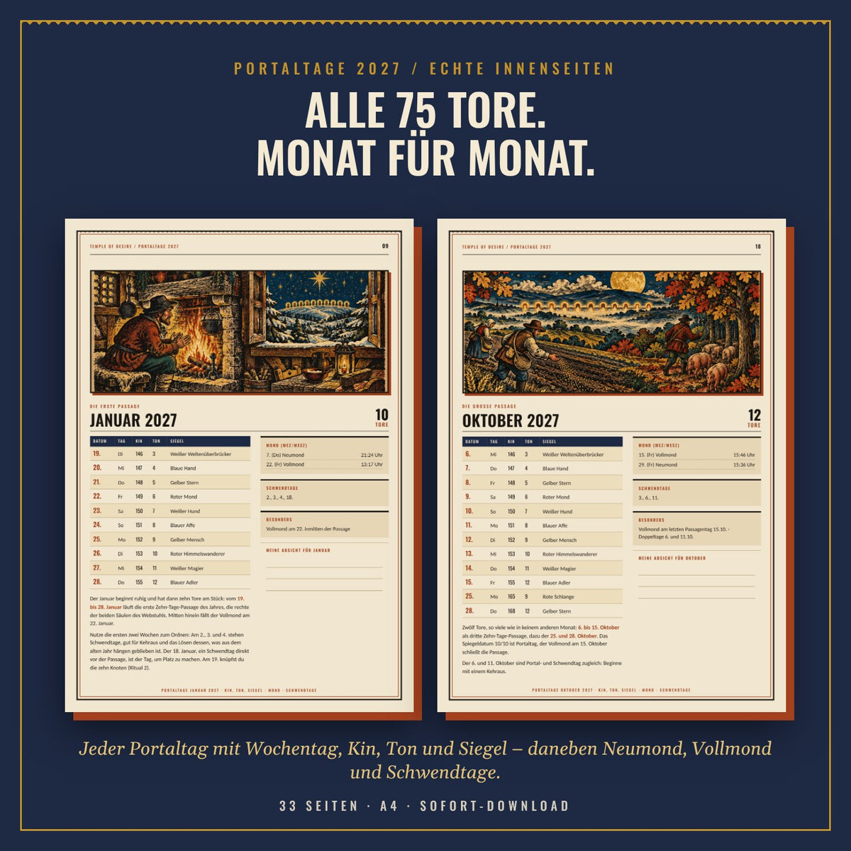 Echte Innenseiten: Portaltage Januar und Oktober 2027 mit Kin, Ton, Siegel, Mond und Schwendtagen