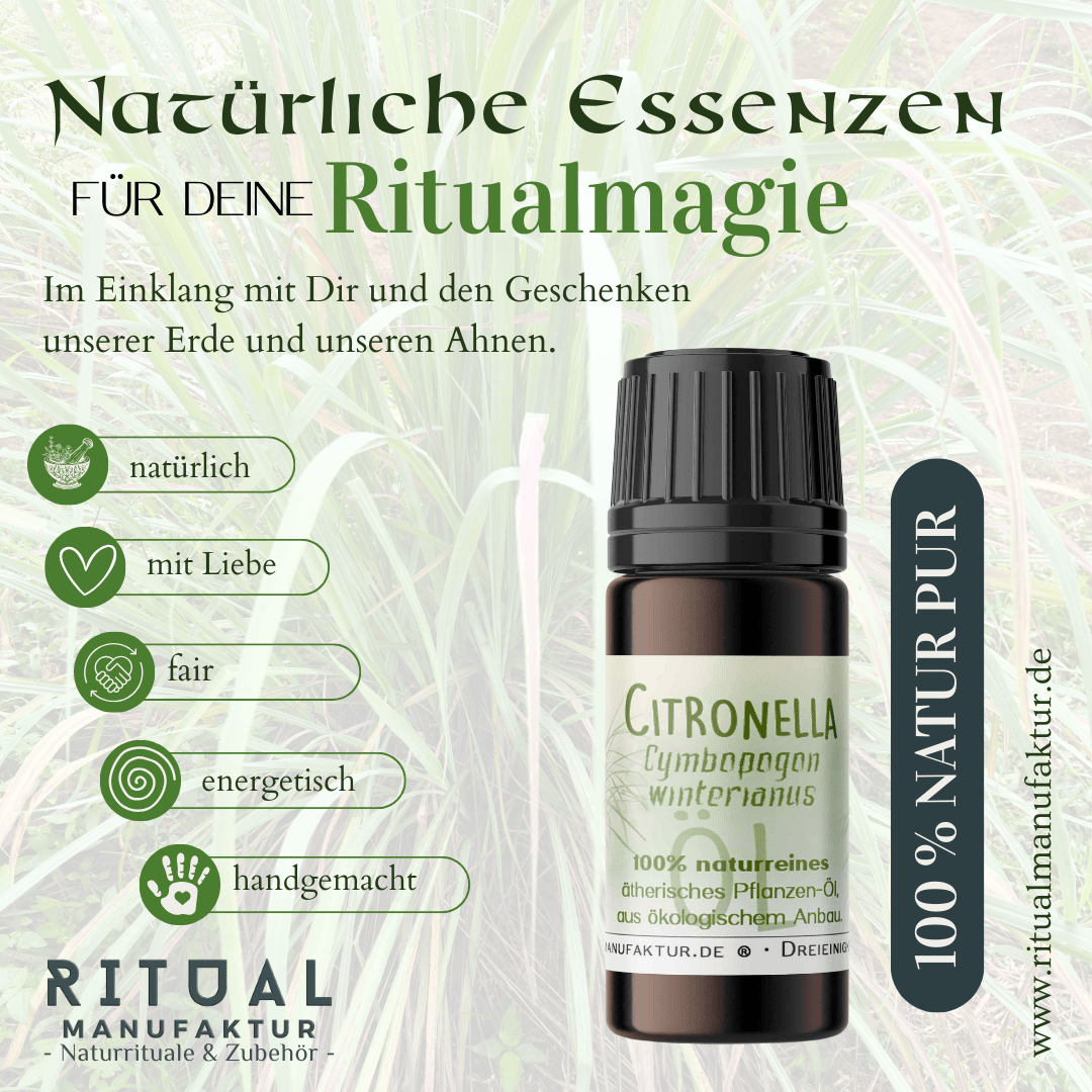 Citronellaöl-Fläschchen mit dem Schriftzug „Natürliche Essenzen für deine Ritualmagie“