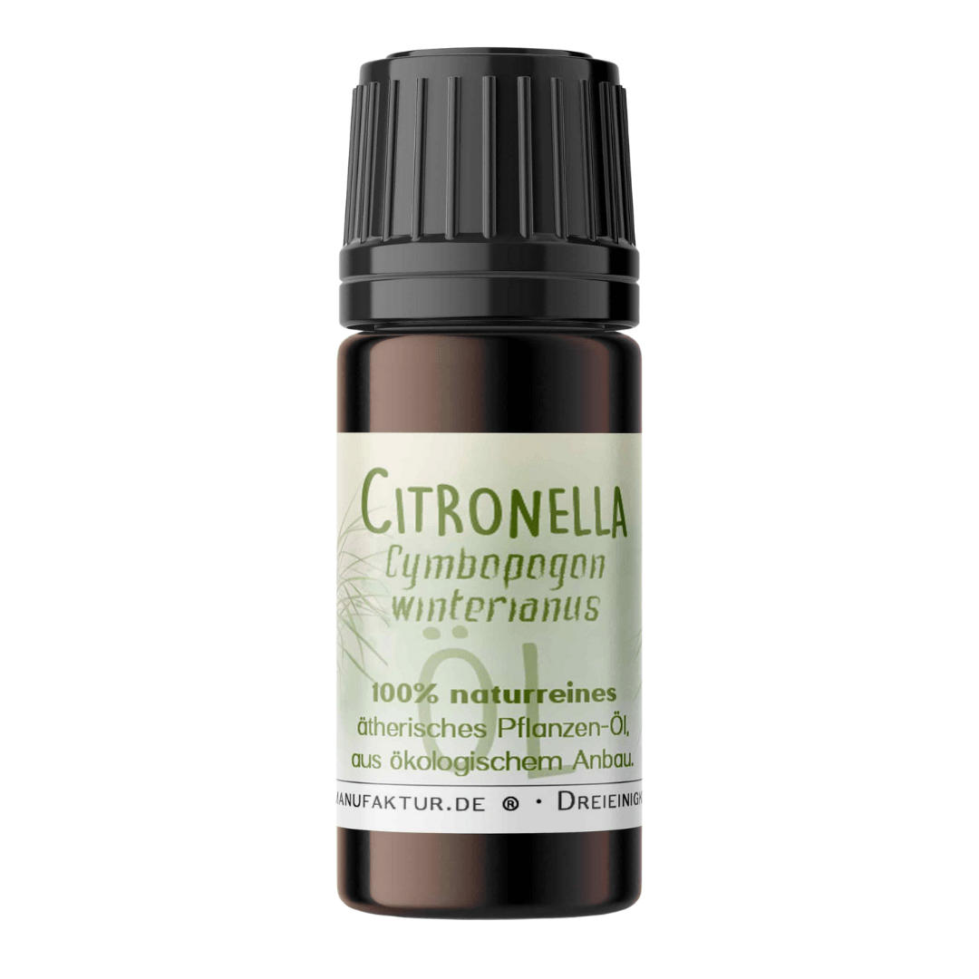 Citronella ätherisches Öl von Ritualmanufaktur – Braunglasfläschchen mit grünem Etikett vor weißem Hintergrund