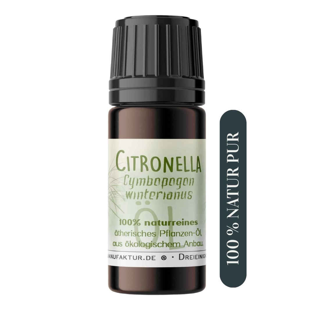 Citronellaöl-Fläschchen mit Etikett in der Seitenansicht
