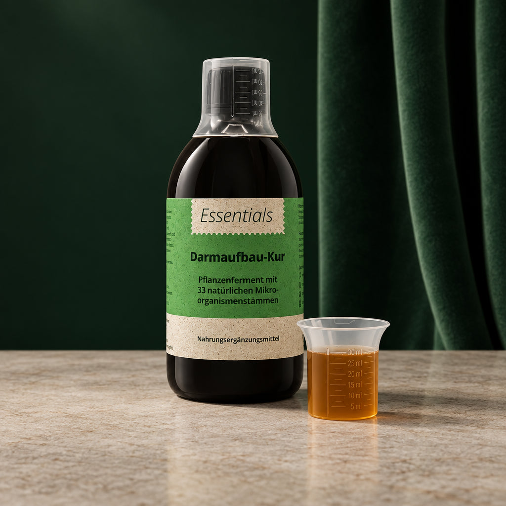 Flasche Bio Ferment von Salufast mit Messbecher vor dunkelgrünem Vorhang