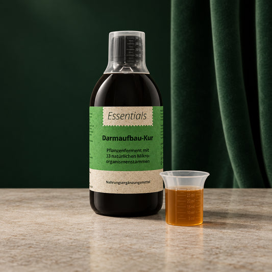 Flasche Bio Ferment von Salufast mit Messbecher vor dunkelgrünem Vorhang