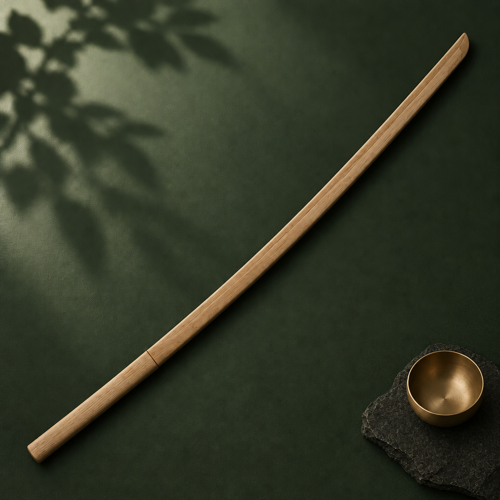 Helles Tsubaki-Bokken schräg auf grünem Tuch mit Klangschale
