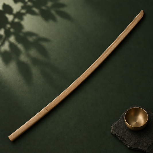 Helles Tsubaki-Bokken schräg auf grünem Tuch mit Klangschale