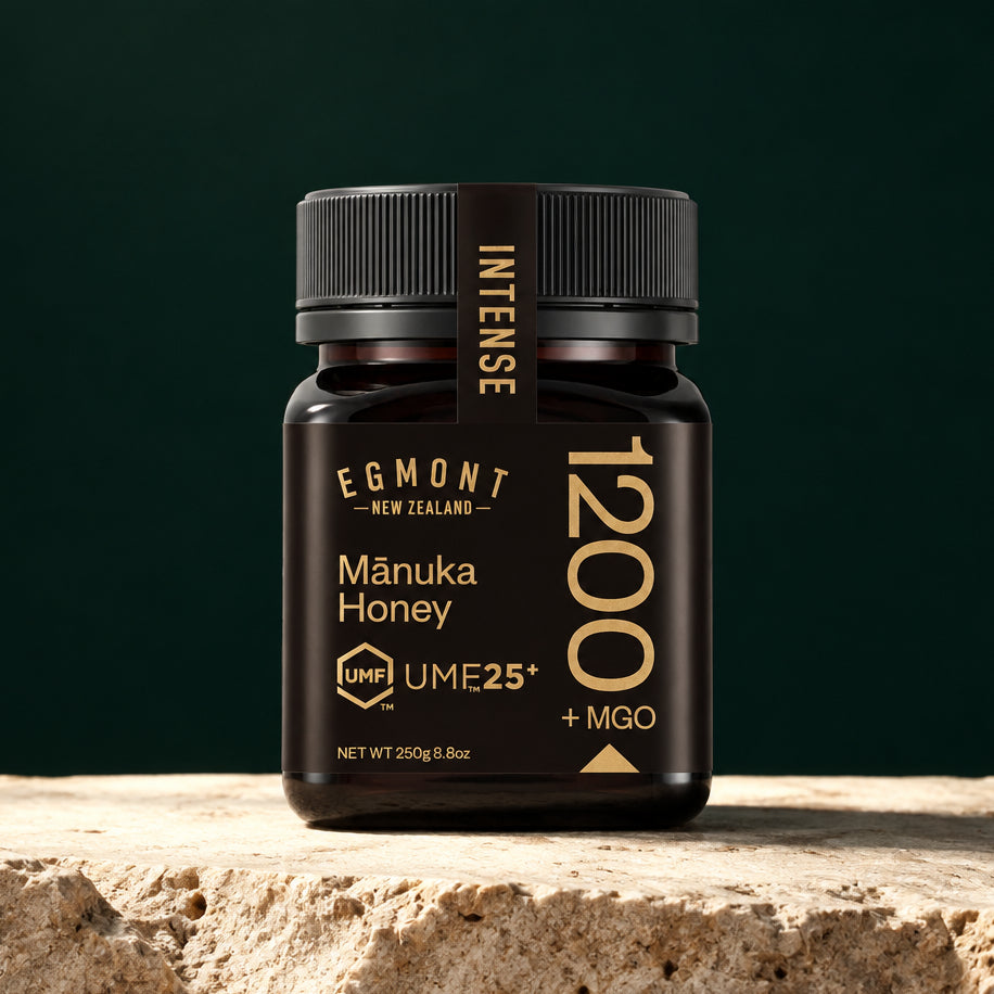 Glas Egmont Manuka Honey MGO 1200+ auf hellem Stein vor dunkelgrünem Hintergrund