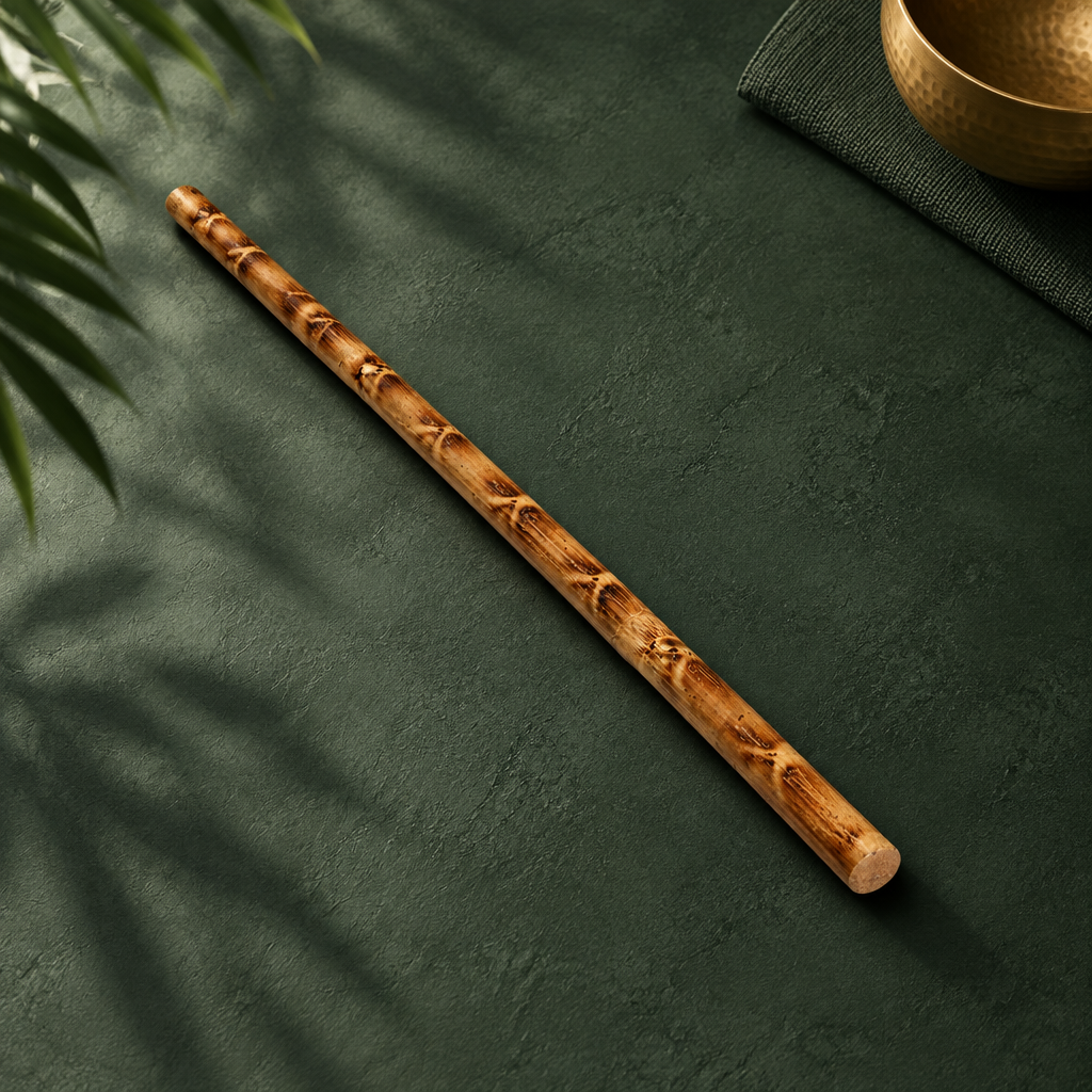 Rattanstock mit Brandmuster schräg auf grünem Tuch