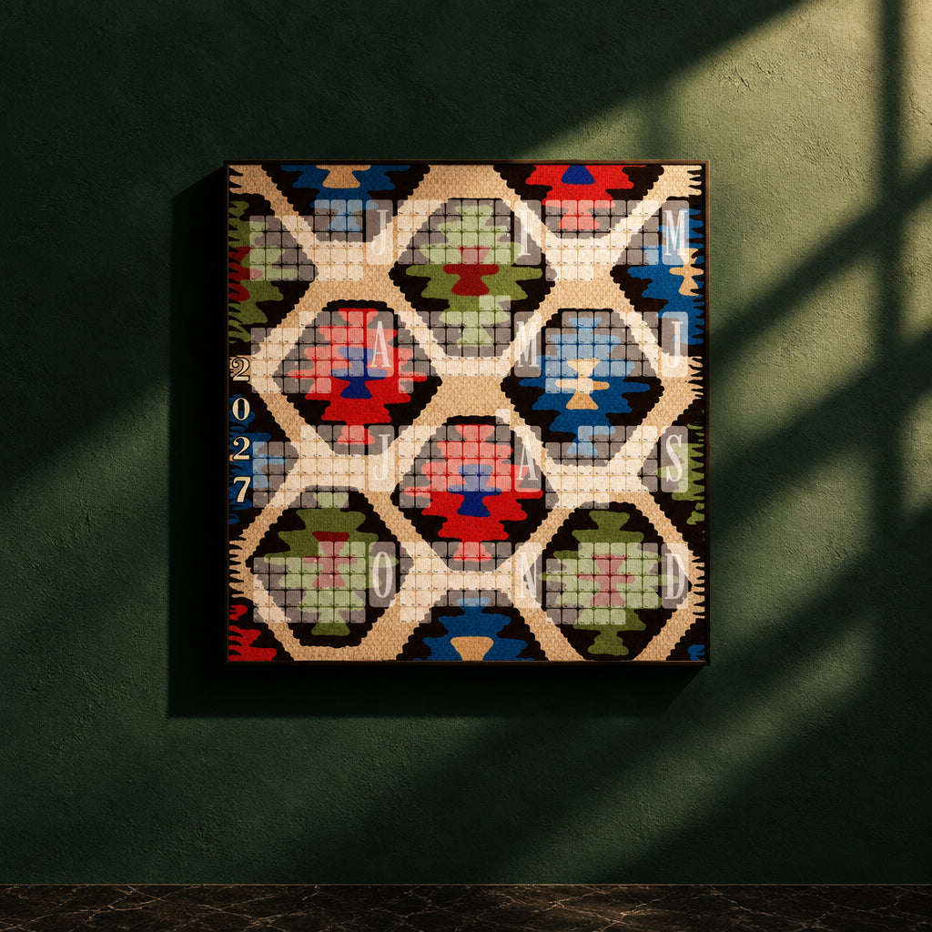 Kilim Leo Wandkalender in Creme mit schwarzem Saum, Detailansicht