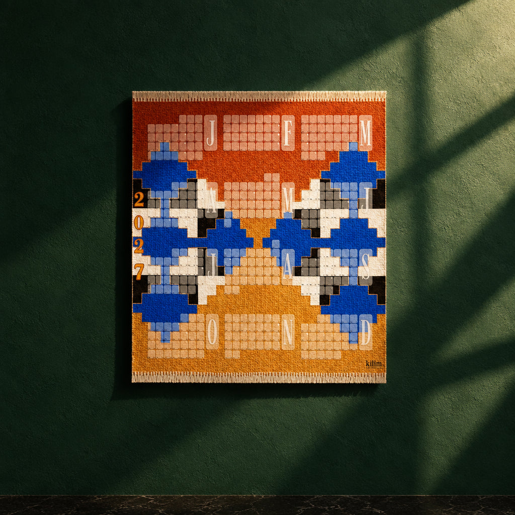 Kilim Wandkalender Mexiko in Orange mit wollweißem Rand, zusätzliche Perspektive