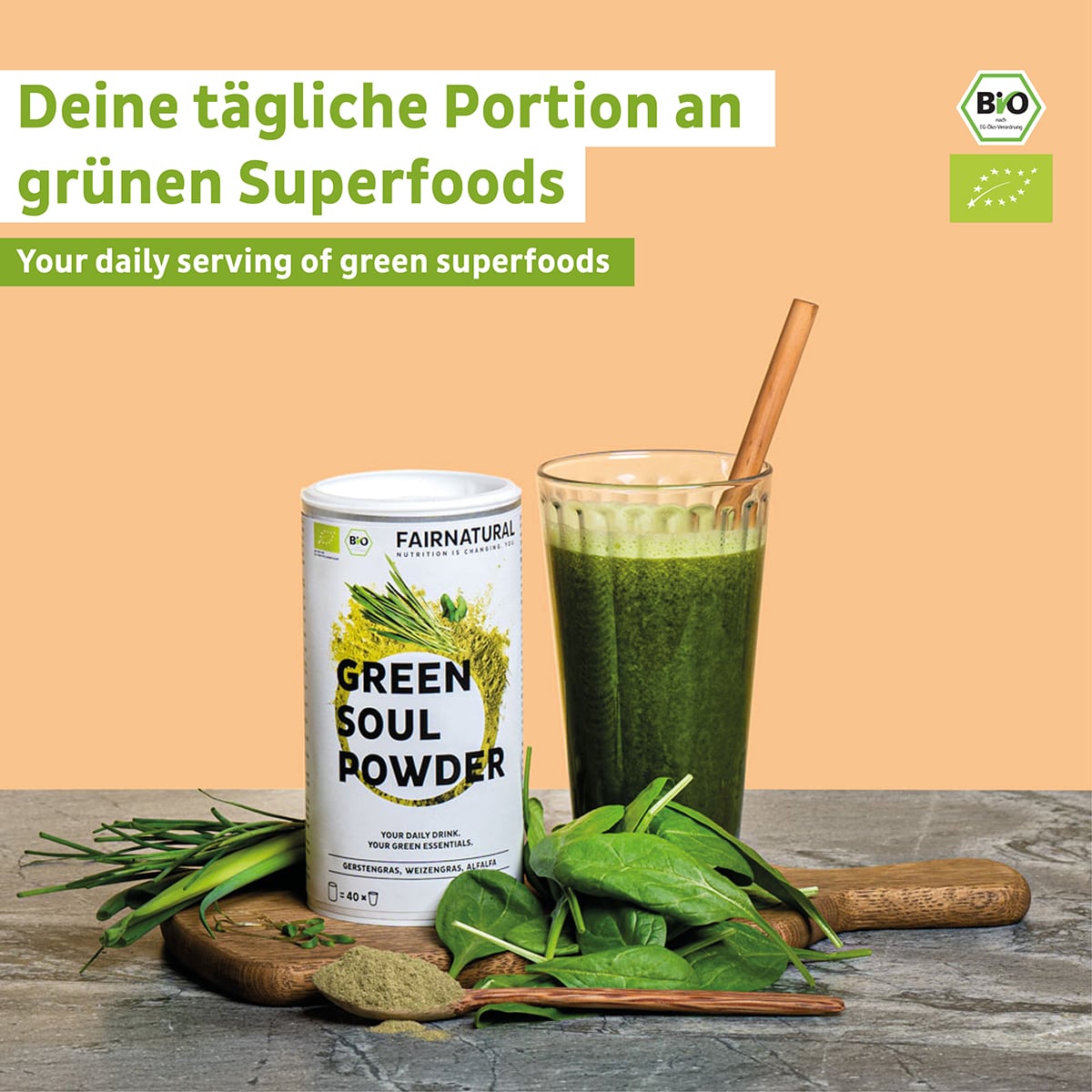 Fairnatural Bio Green Smoothie Pulver, Ansicht zu den grünen Zutaten