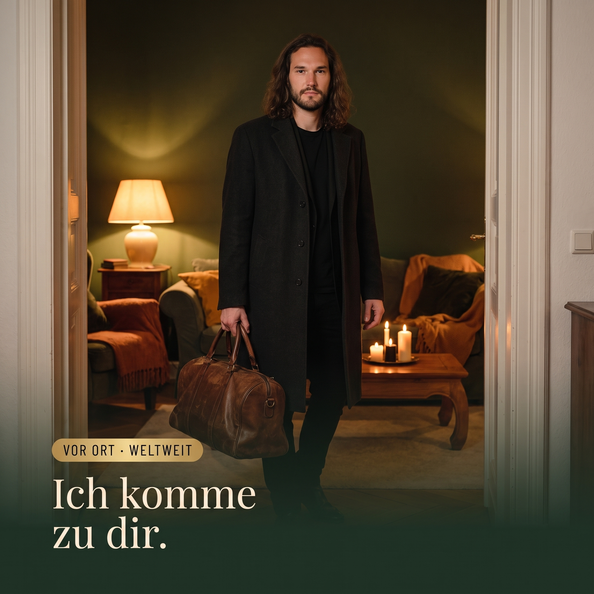 Leif Daniel Schmidt steht im Wollmantel mit Reisetasche in der Tür eines Wohnzimmers — Ritualarbeit vor Ort, weltweit