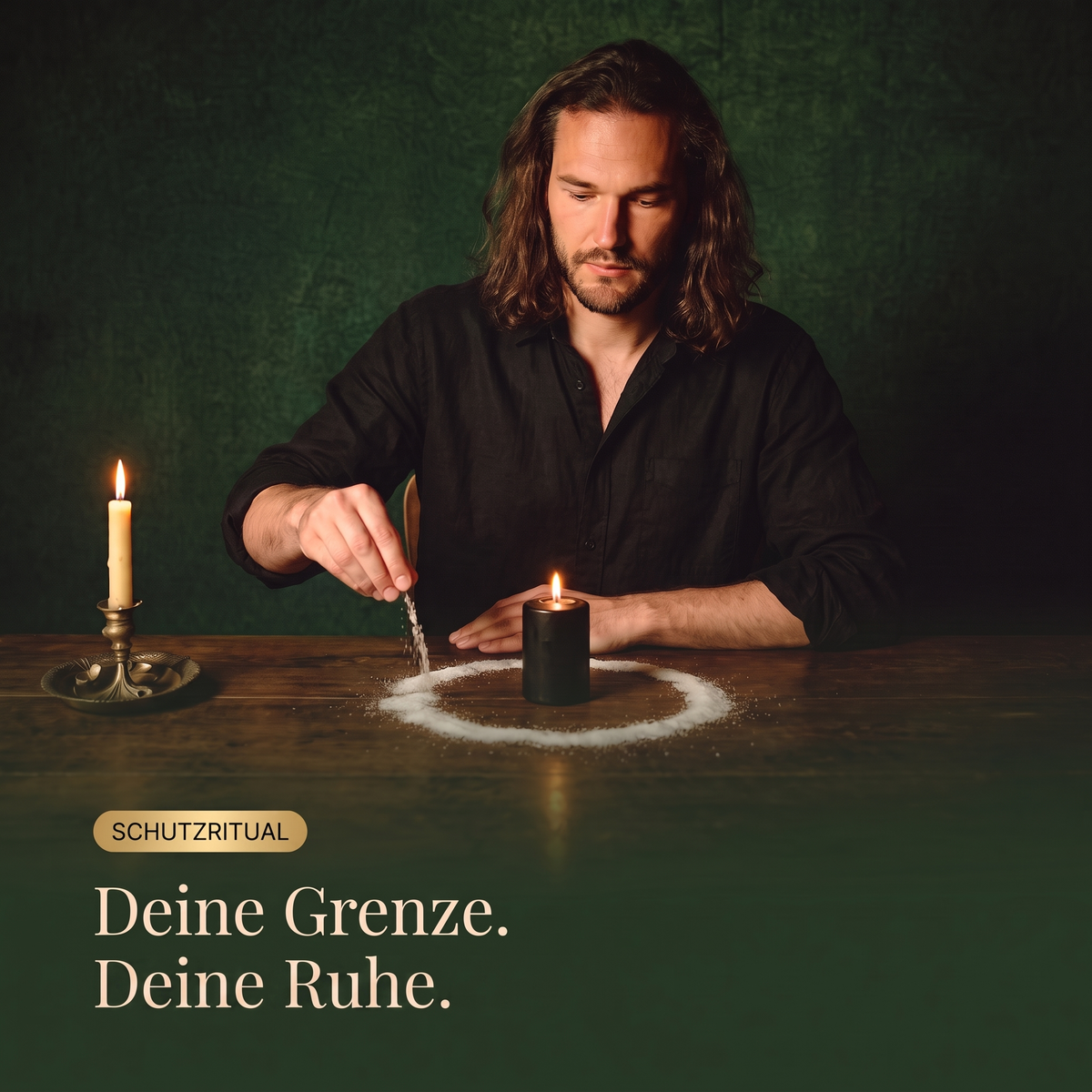 Leif Daniel Schmidt zieht am Holztisch bei Kerzenlicht einen Salzkreis um eine schwarze Kerze — Schutzritual gegen Neid und Missgunst