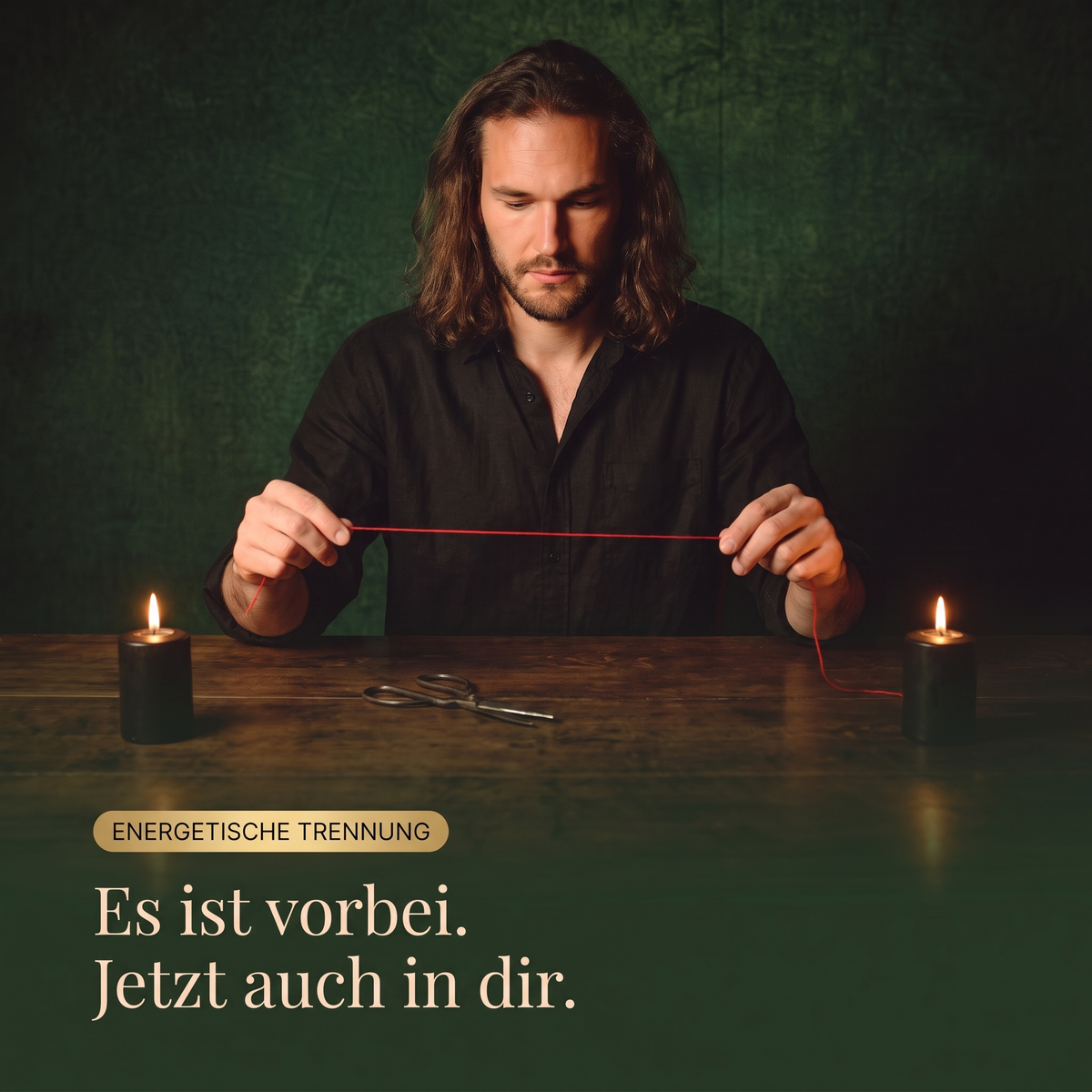 Leif Daniel Schmidt hält einen roten Faden zwischen zwei schwarzen Kerzen, eine alte Schere liegt bereit — Cord-Cutting-Ritual