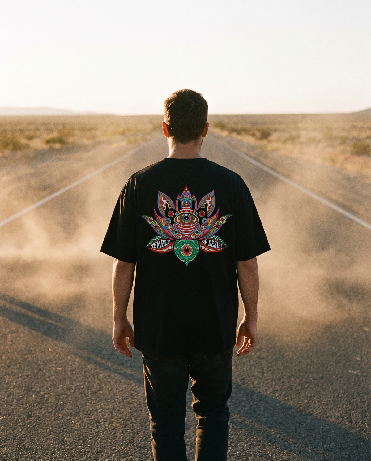 Lotus — Erwachen: schwarzes Oversized-T-Shirt mit Rückenprint, getragen.