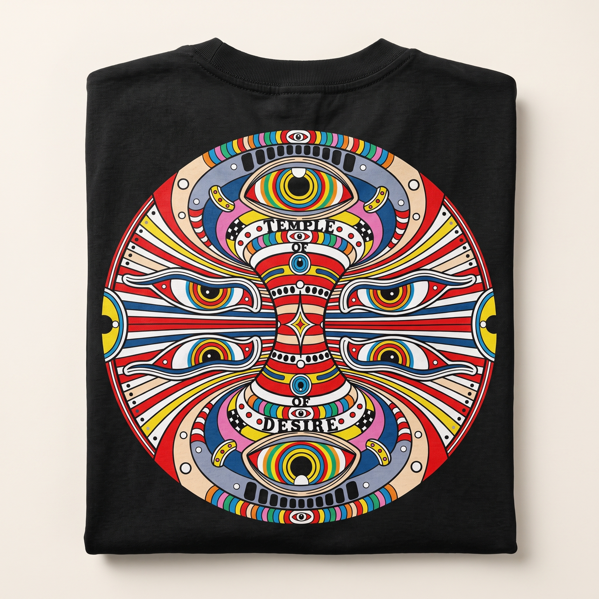 Mandala — Hundert Augen: Rückenprint im Detail auf schwarzer Baumwolle.