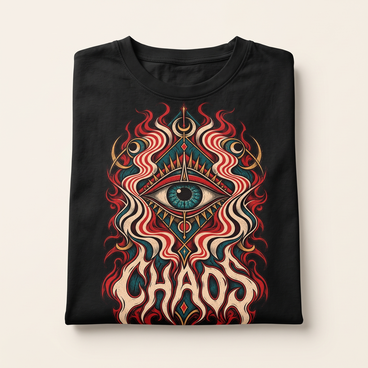Chaos — Auge: Frontprint im Detail auf schwarzer Baumwolle.