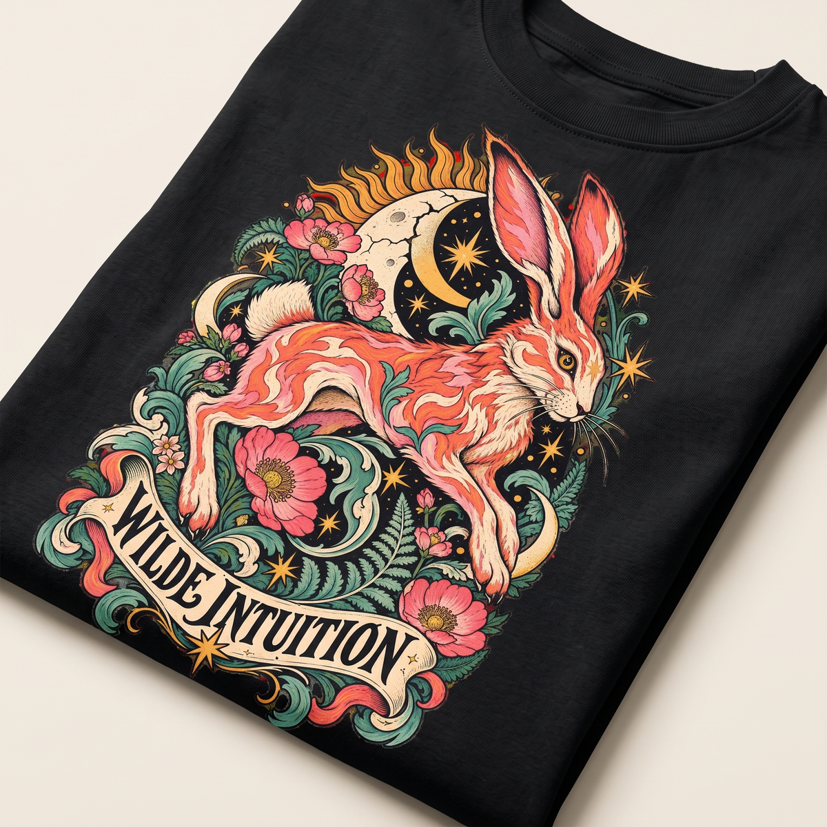 Wilde Intuition — Hase: Frontprint im Detail auf schwarzer Baumwolle.