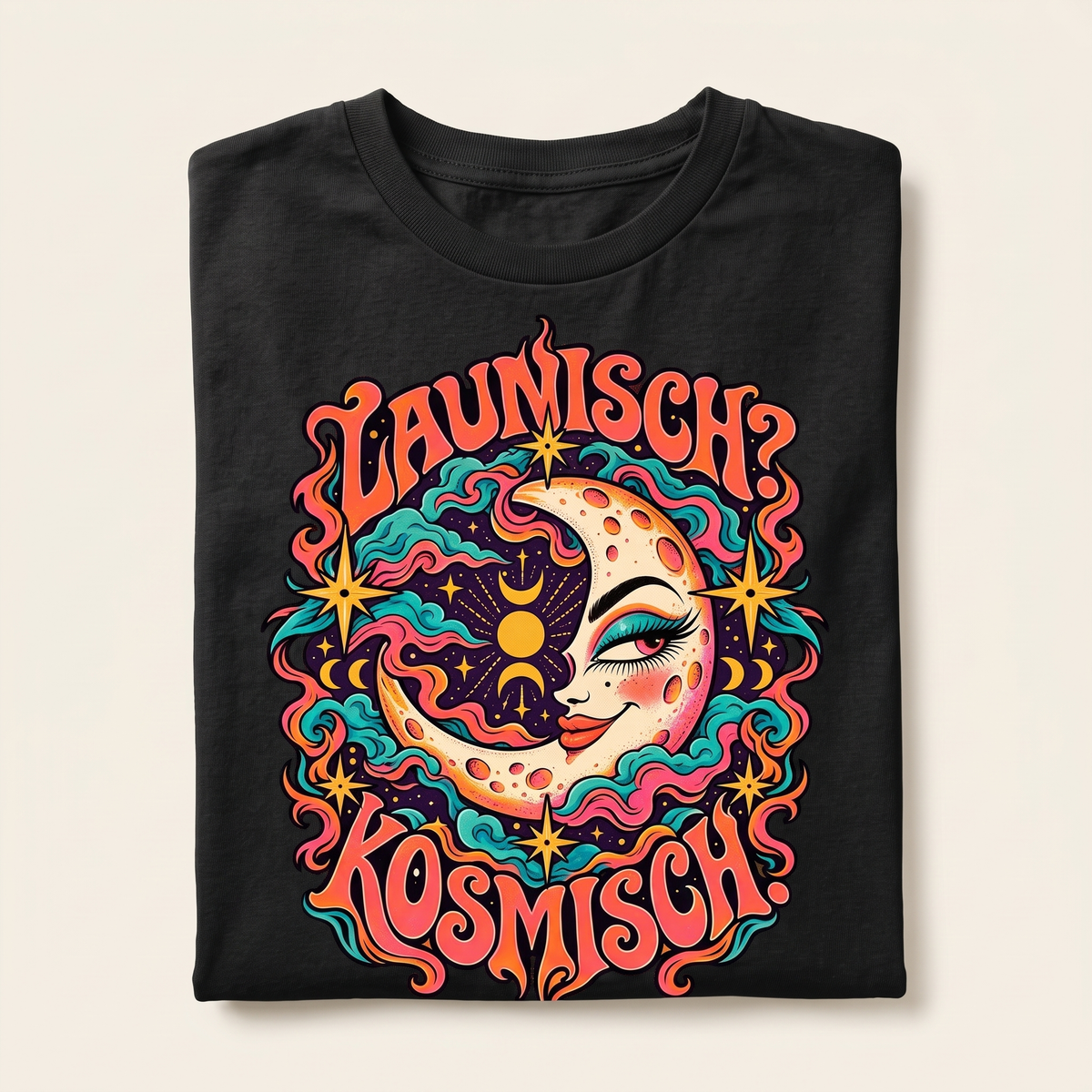 Launisch Kosmisch: Frontprint im Detail auf schwarzer Baumwolle.