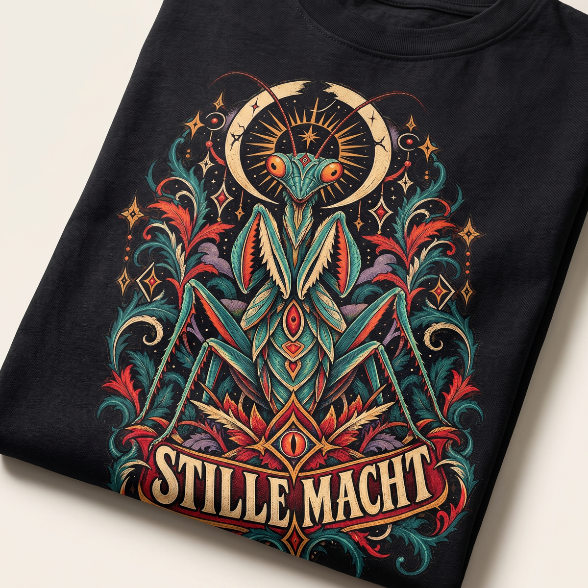Stille Macht — Mantis: Frontprint im Detail auf schwarzer Baumwolle.