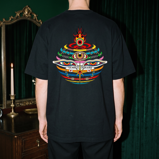 Weltkugel — Blick: Rückenprint auf schwarzem Oversized-T-Shirt, Temple of Desire.