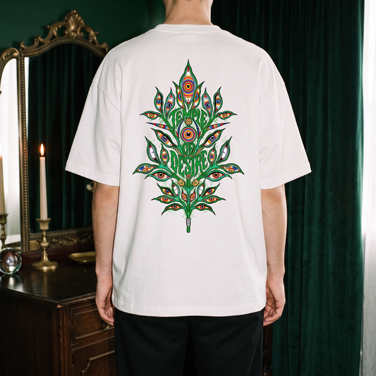 Blatt — Lebensbaum: Rückenprint auf weißem Oversized-T-Shirt, Temple of Desire.