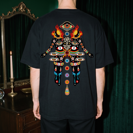 Zwillinge — Flammen: Rückenprint auf schwarzem Oversized-T-Shirt, Temple of Desire.