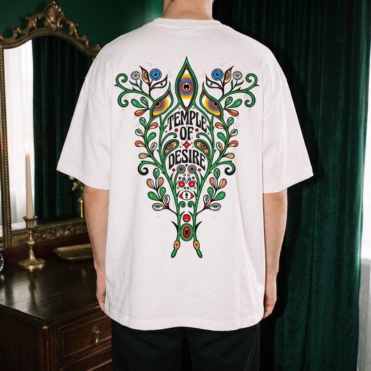 Ranken — Garten: Rückenprint auf weißem Oversized-T-Shirt, Temple of Desire.