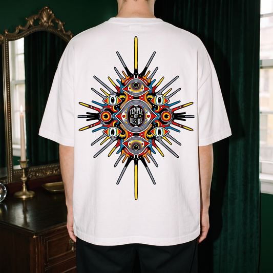 Stern — Ausbruch: Rückenprint auf weißem Oversized-T-Shirt, Temple of Desire.